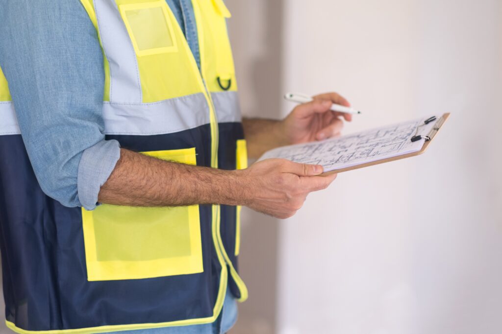 Experienced worker checking and correcting construction documents on clipboard